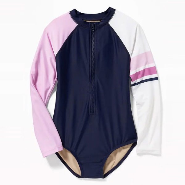 [당일출고] Color-Blocked Zip-Front Rashguard Swimsuit for Girls
